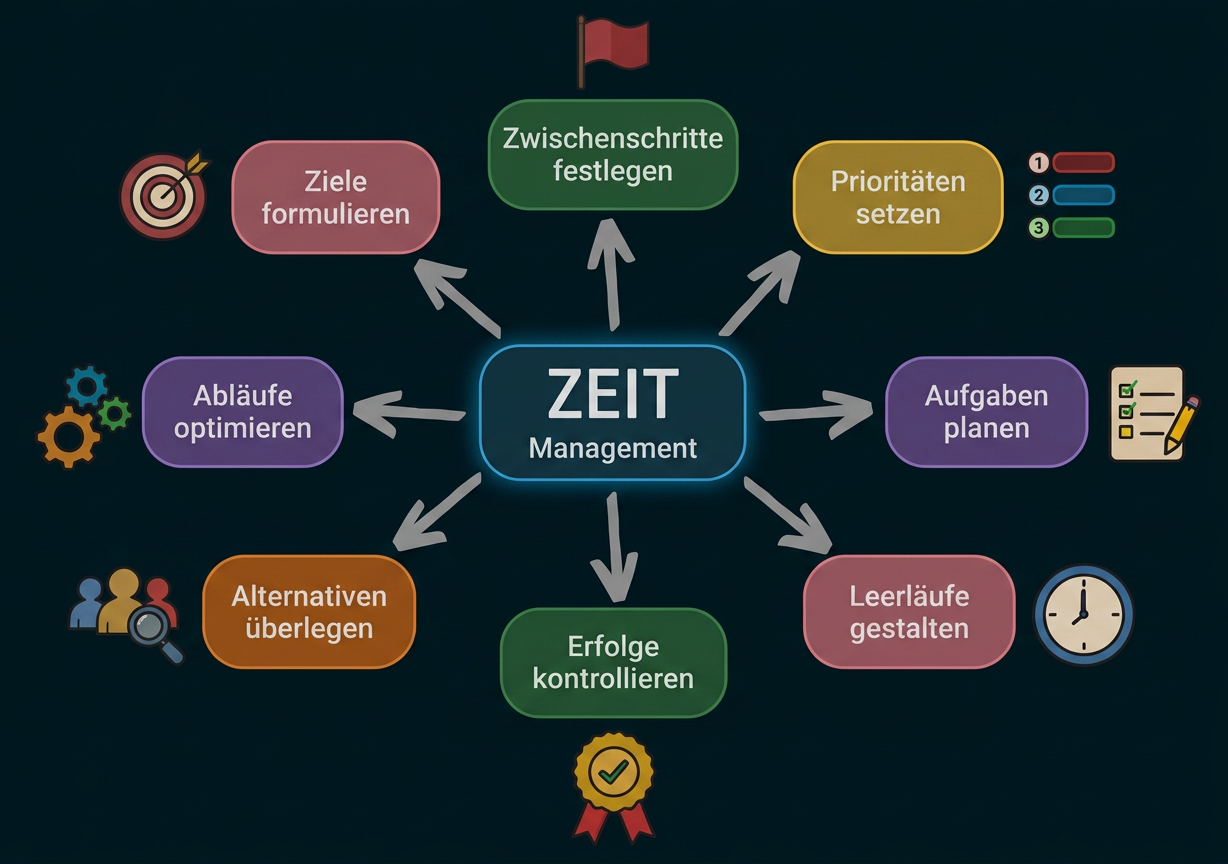Mindmap zum Zeitmanagement mit Zielen, Prioritäten, Aufgabenplanung und Erfolgskontrolle.